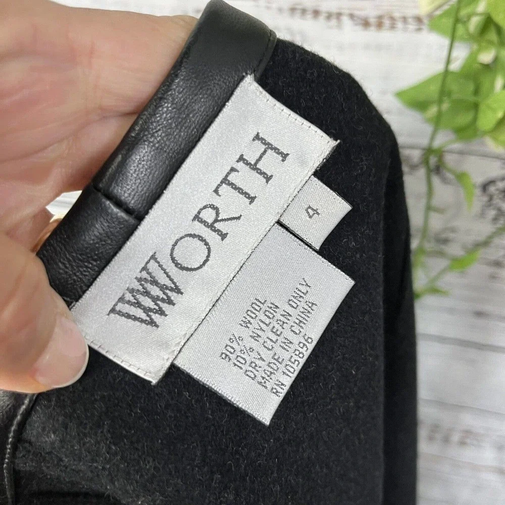 Worth Skirt size 4 Black Gray Wool Tweed Wrap Knee Faux Leather Career Modest